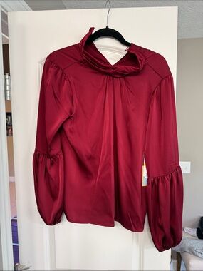 CeCe Deep Red Satin Balloon-Sleeve Blouse
